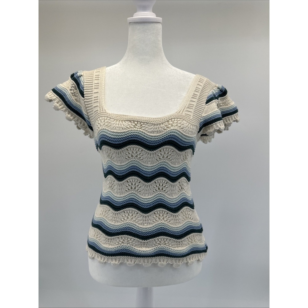Jessica Simpson Crochet Top S Cream blue Wavy  Boho Hippie Festival Beach Scoop